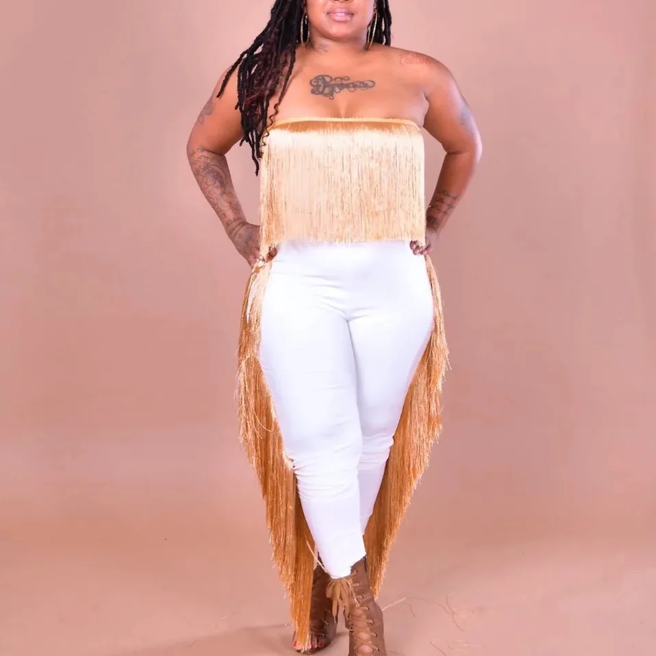 Conjuntos de ropa Sexy para mujer, Tops y juegos de pantalones largos, borla blanca, conjuntos sexys para Club nocturno, conjuntos de talla grande 2020