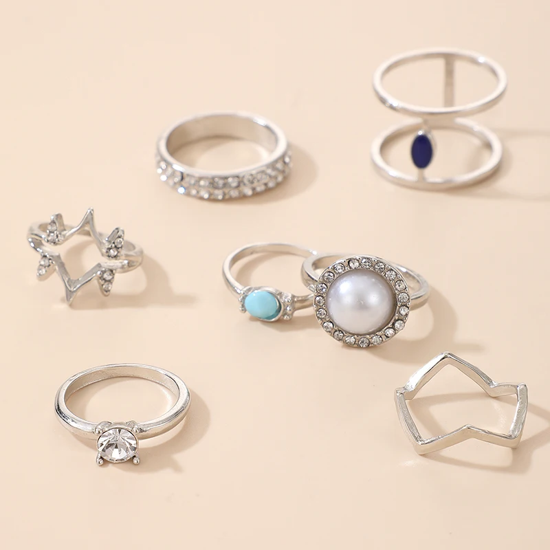 

Docona 7pcs/Set Vintage Pearl Rhinestone Rings Set for Women Punk Blue Stone Wave Geometric Ring Female Jewelry Anillos 9772
