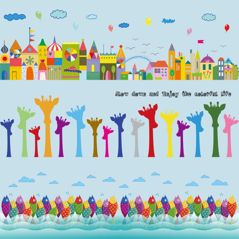 Наклейки на стену Мультяшные животные замок плинтус линия талии коридор