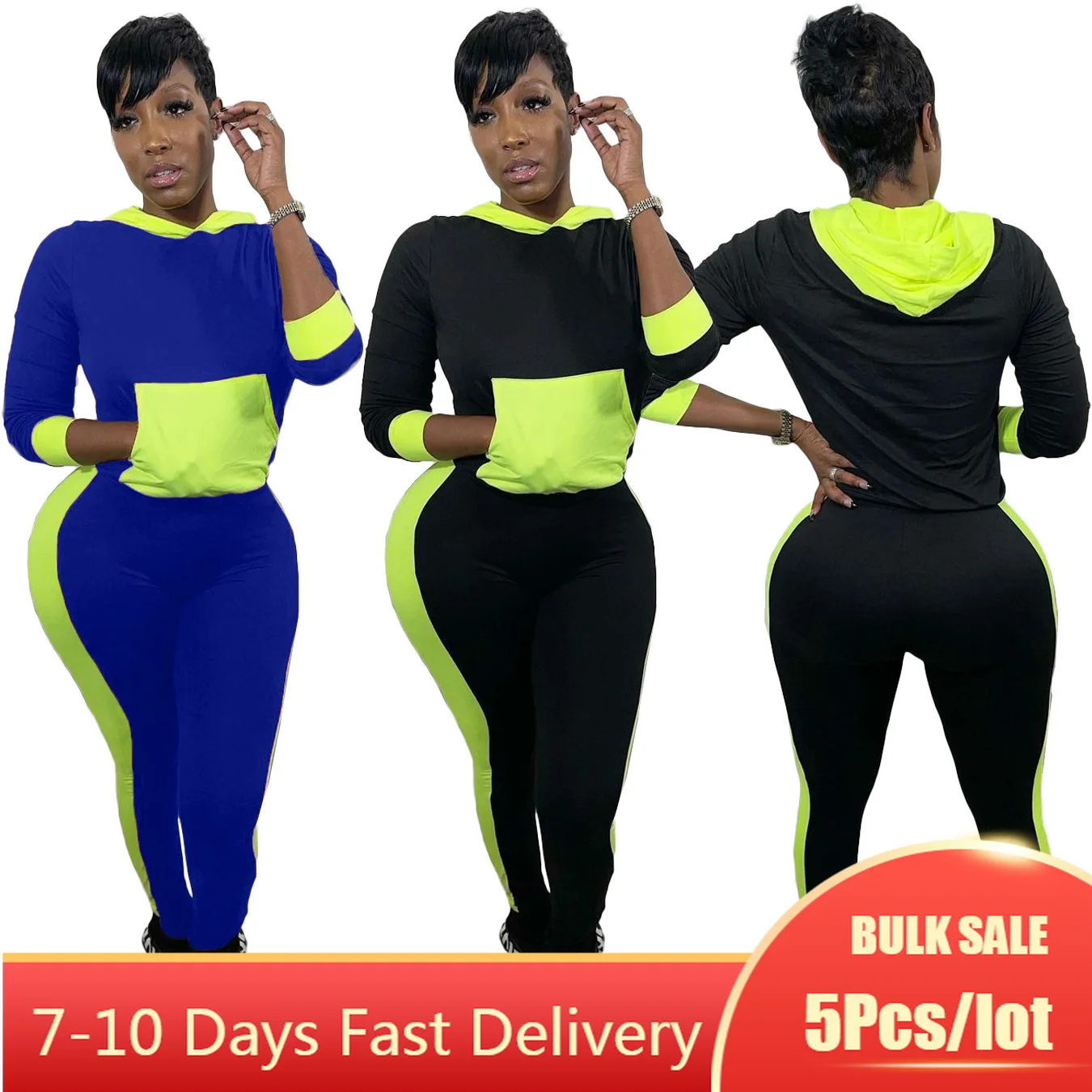 

5PCS Bulk Item Wholesale Lots Womens Patchwork Two Piece Gym Wear Hoodies Tops and Sweatpants Set Winter Fall Women Outfits