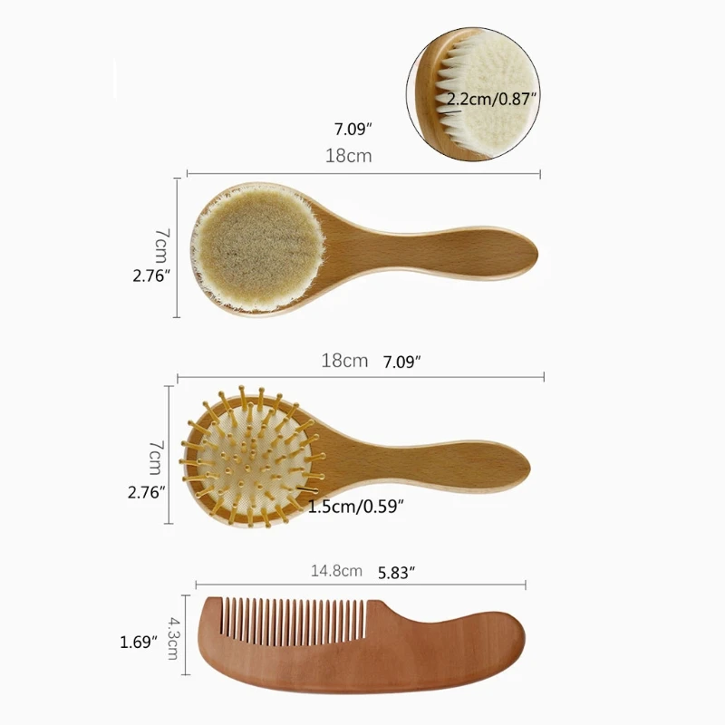 

3Pcs Baby Care Pure Natural Wooden Brush Comb Set Newborn Hair Brush Infant Head Massager