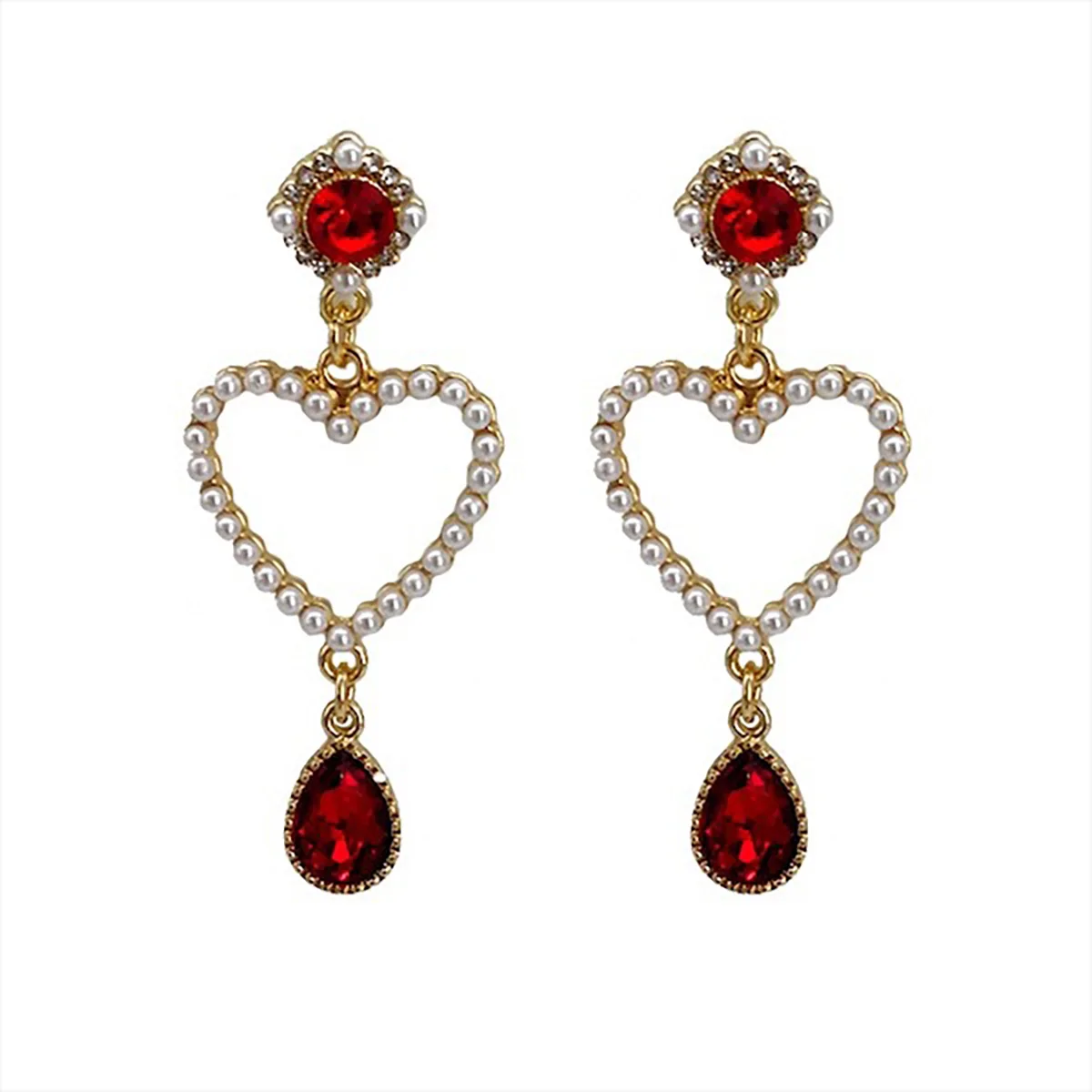 

SNCSDK Love Stud Earrings Vintage Gentle Baroque Heart-shaped Pearl Temperament Wine Red Water Droplets Earrings Fashion Jewelry