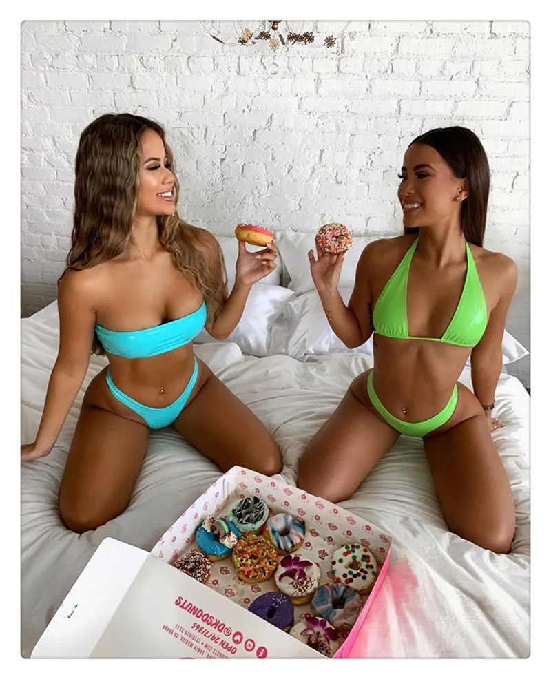 KEENEST сексуальный женский купальник с высокой талией PU кожаное бикини мини