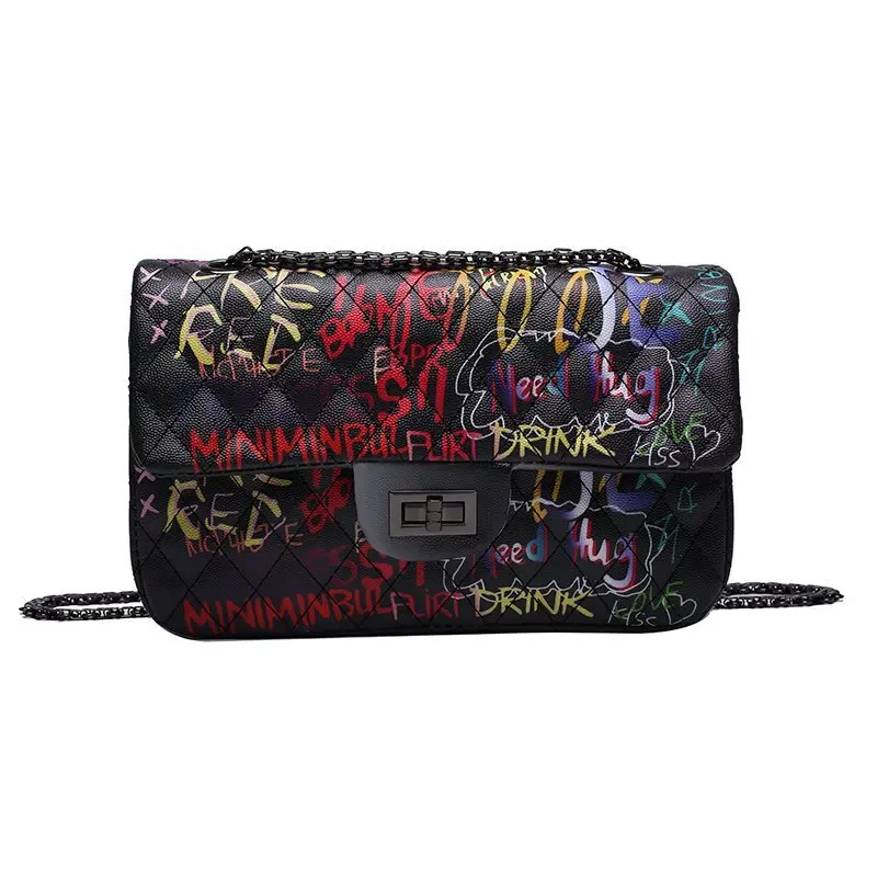 

Net red diamond chain new Korean fashion graffiti messenger bag texture pu shoulder small square bag