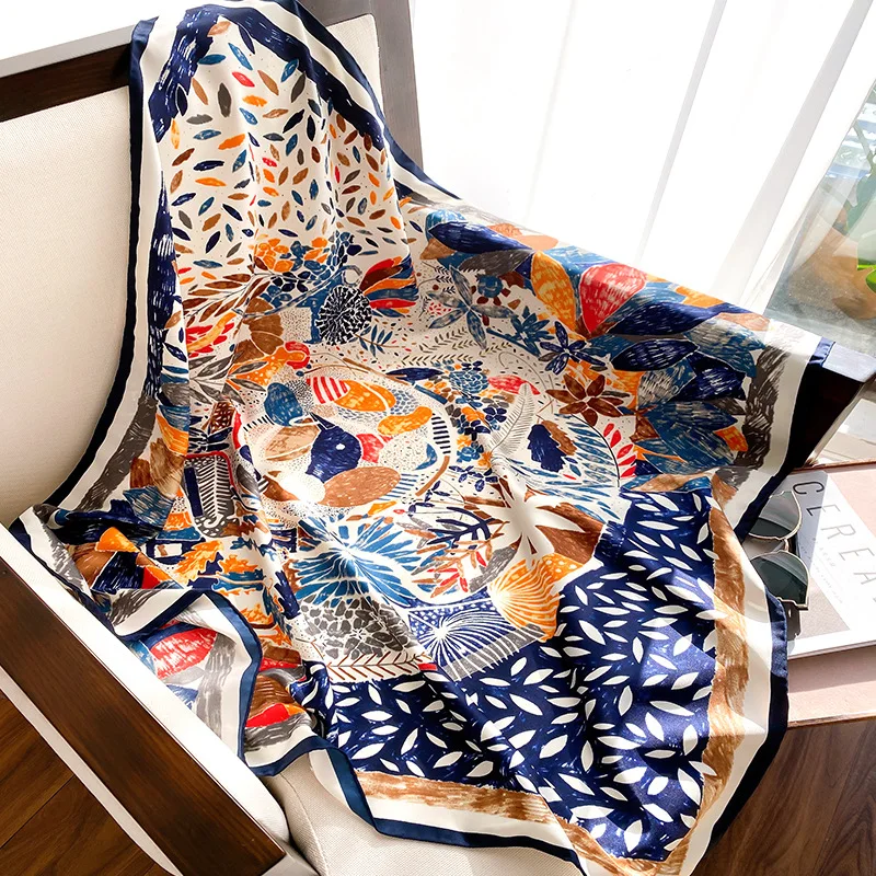 

2021 New Winter Real Women Adult Fashion Pashmina Hijab Twill Silk scarf Women's 90cm Scarves Printing Shawl Sunscreen Bandana