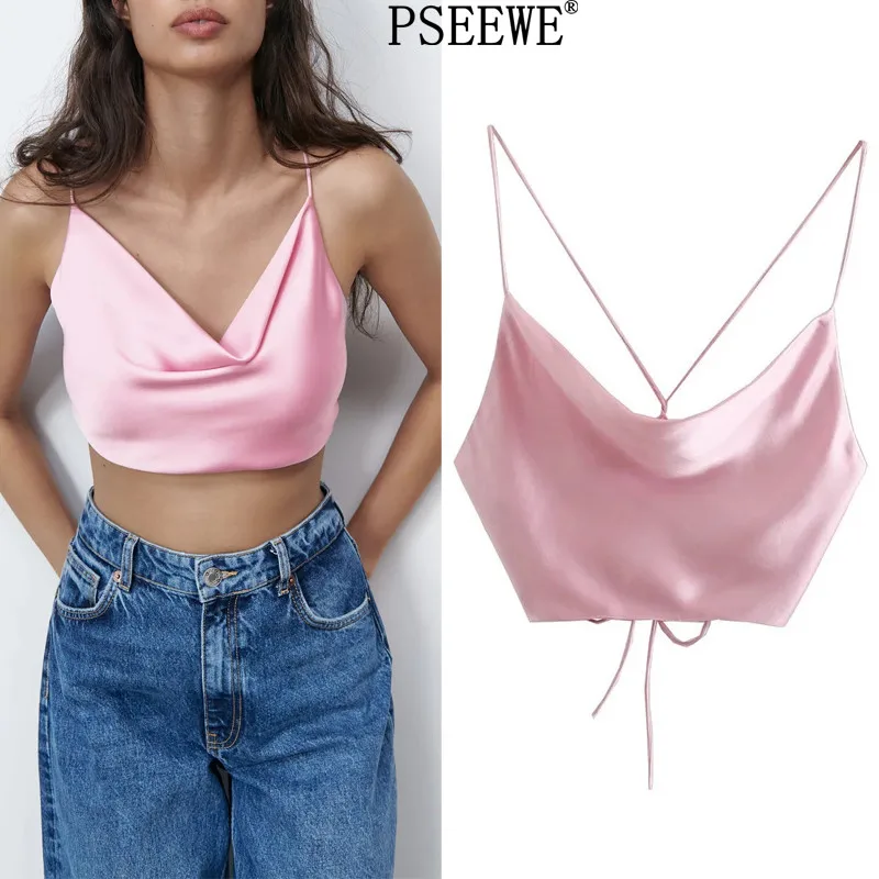 

PSEEWE Za Woman 2021 Pink Satin Crop Top Women Summer Spaghetti Straps Backless Sexy Tank Top Female Beachwear Tanks Camis