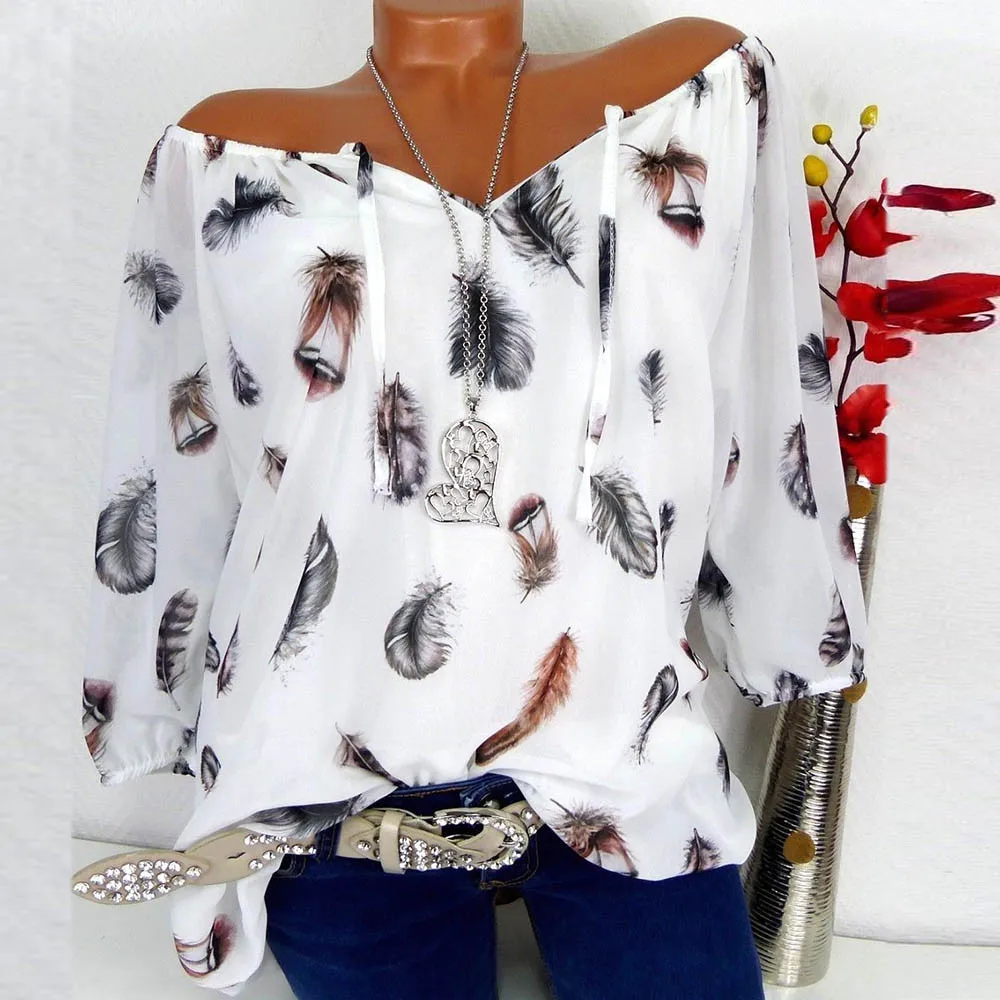 

Half Sleeve Feather Print Women Fashionable Plus Size 5xl V-neck Blouse Pullover Tops Female Shirt