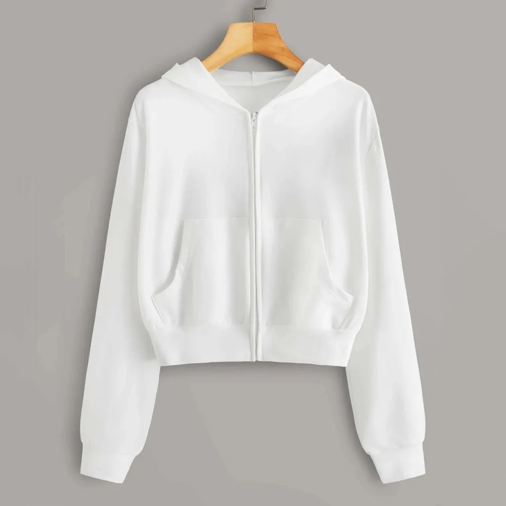 

Hoodie Women Cropped Hoodies Sweatshirt Streetwear Women Casual Solid Long Sleeve Zipper Pocket Shirt Hooded Sweatshirt Tops