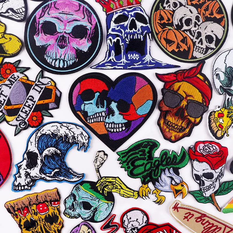 

Color Heart Skull Iron On Patches For Clothing Stickers Punk Skeleton Embroidered Patches On Jackets Hippie Patch On Clothes