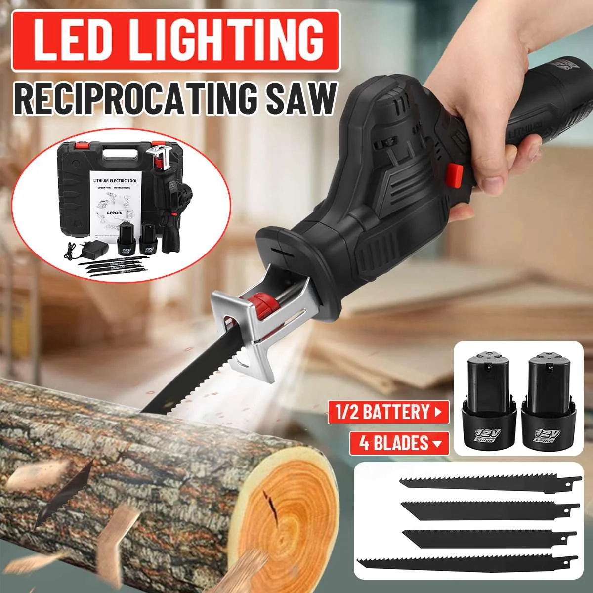 NEW Cordless Reciprocating Saw 12V Adjustable Speed Chainsaw Wood Cutting Reciprocating Saw Power Tool W/ 1/2 Batteries