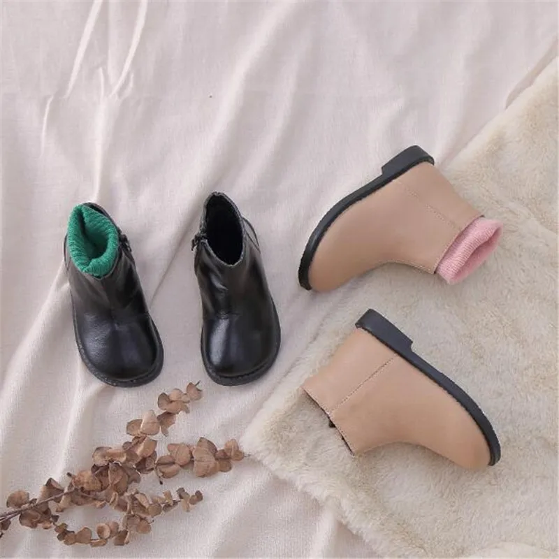 

New Children Autumn/Winter Ankle Boots Girls Baby Flat Warn Plush Kids Genuine Leather Boots Princess Toddler Shoes 019