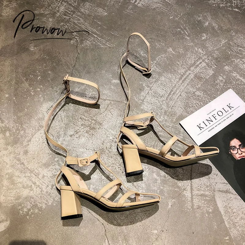 

Prowow New Fashion Black White Genuine Leather Women Summer Sandals Buckle Strap Chunky Mid Heel Sandals Party Shoes Woman