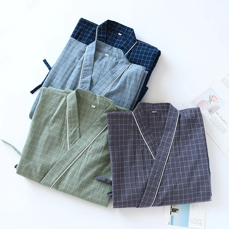 Лето 2024 100% хлопковый банный Халат в японском стиле кимоно клетку мужской