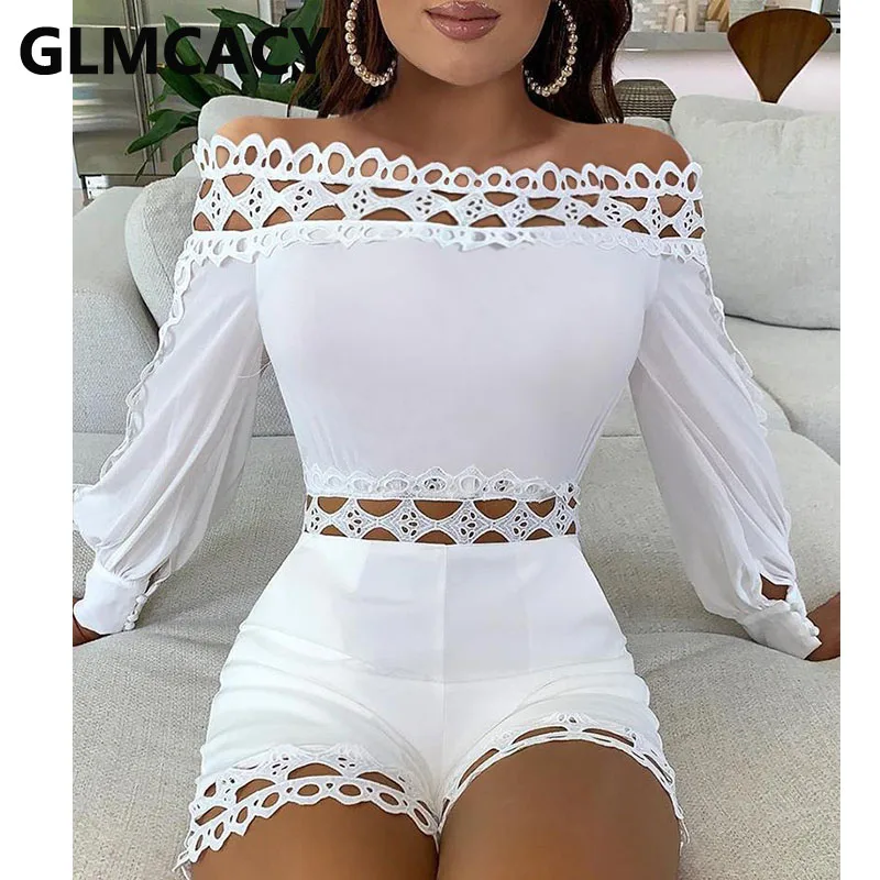 

Women Off Shoulder Lattice Detail Hollow Out Romper Sexy Slim Playsuit