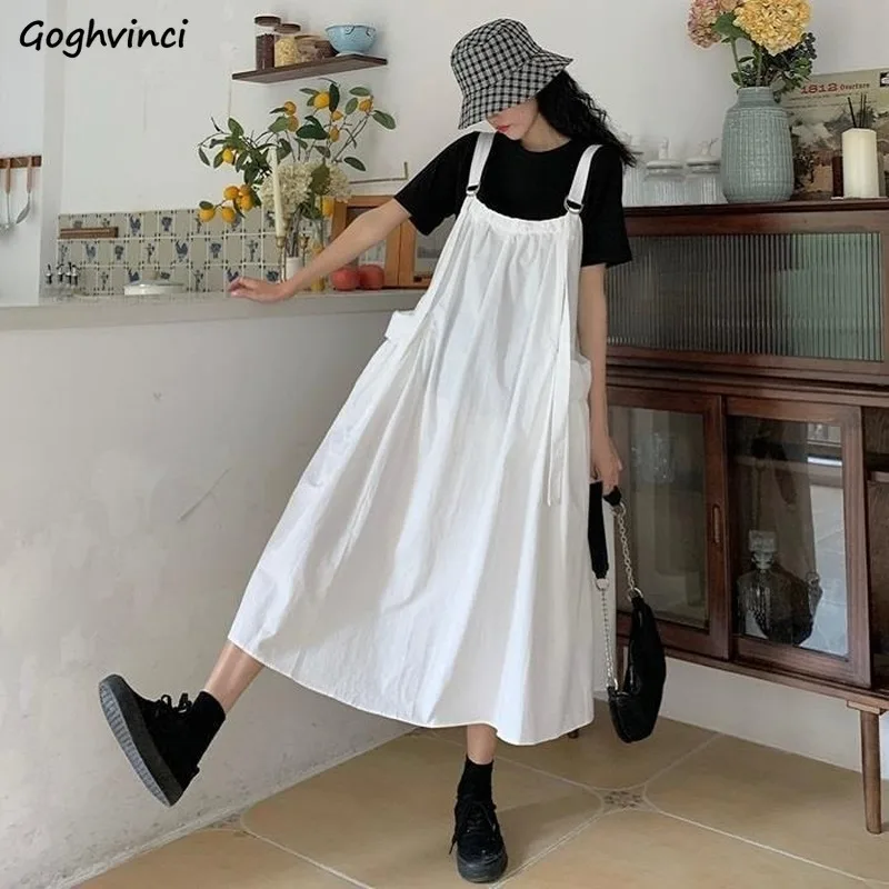 

Women Sleeveless Dress Summer Solid Suspenders Pockets Mid-calf Square Collar Oversize Korean Chic Casual Loose Students Ins New