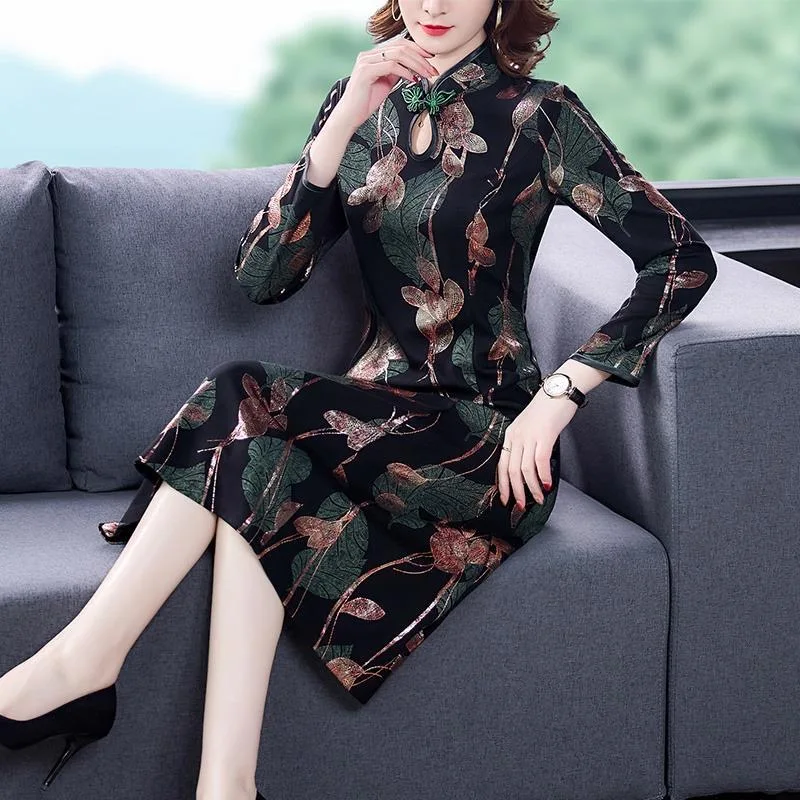 2021 Fall Spring Women Vintage Mandarin Collar Floral Printed Slim Cheongsam Dress , Woman Clothes Flower Chipao Dresses