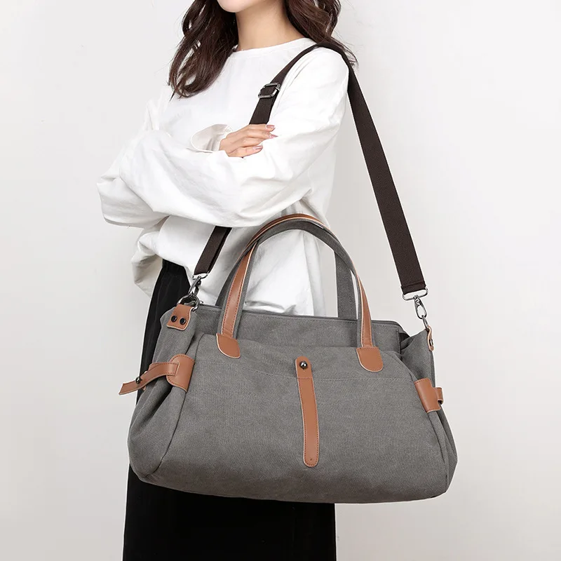 Большая Сумка-тоут в стиле ретро Женская холщовая однотонная саквояж на плечо