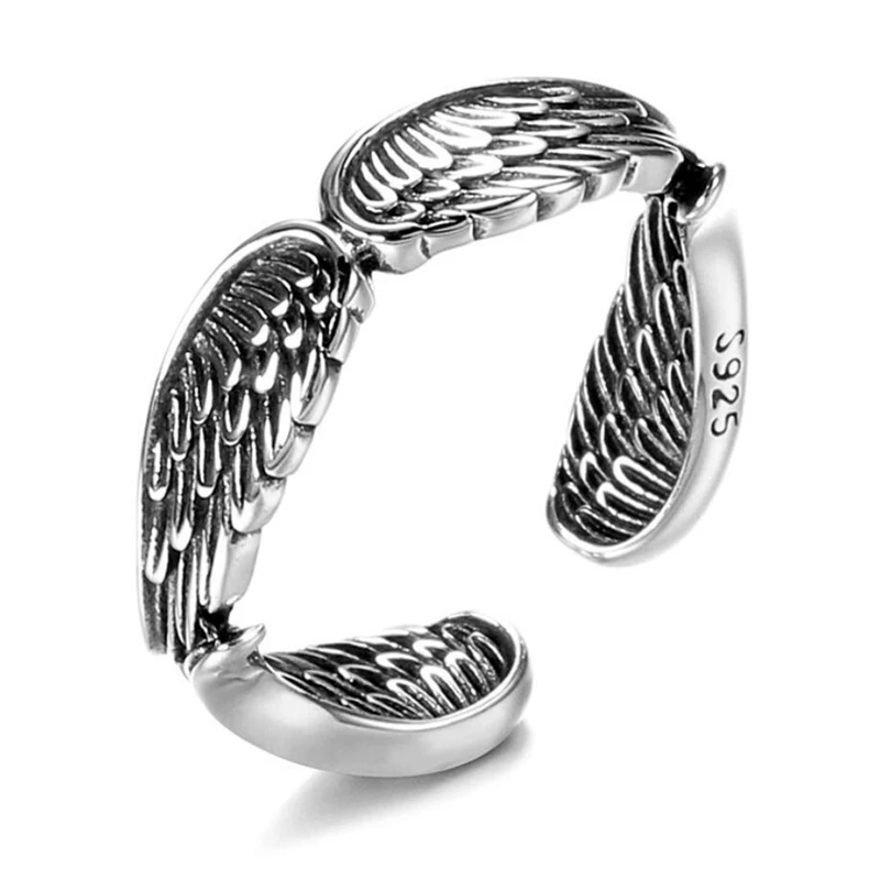 

Sole Memory Vintage Feather Angel Wings Silver Color Female Resizable Opening Rings SRI876