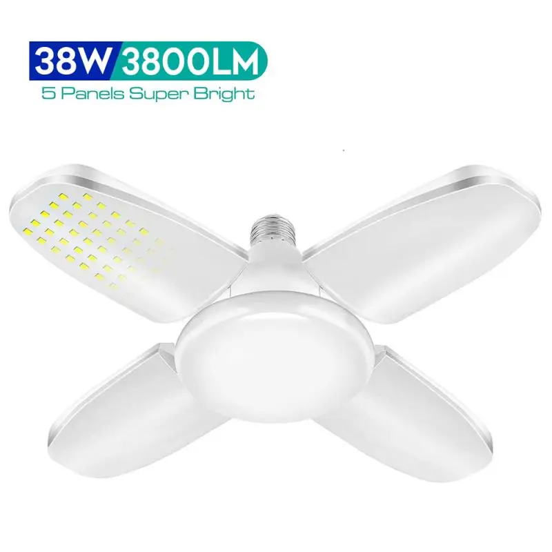 

38W LED Garage Lights Foldable E27 Bulb 4 Adjustable Fan Blades Deformable Workshop Warehouse Ceiling Lighting 6500K AC85-265V