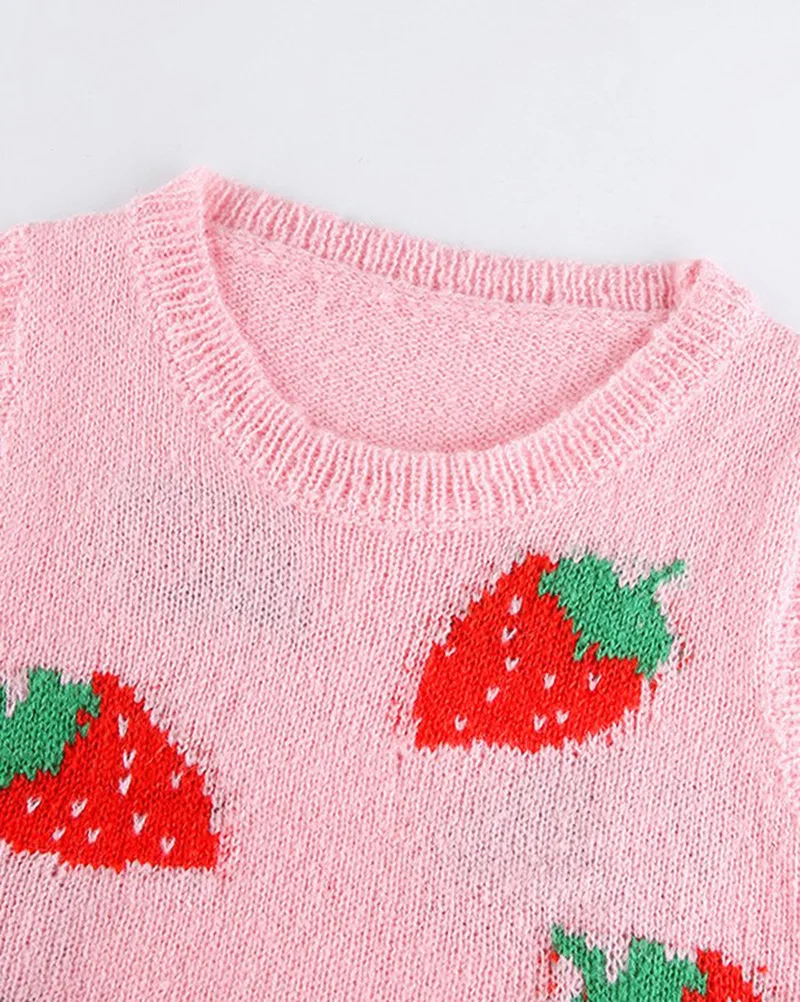 

Sweet Sleeveless Sweater Vest Women Jumper Strawberry Knitted Crop Top Lady Streetwear Cute V-Neck Pullover Top Vest Autumn