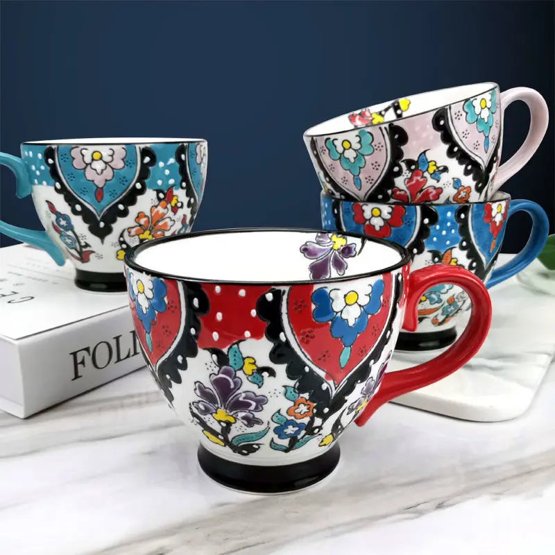 

European Bohemia Breakfast Cup Hand-painted Ceramic Milk Oatmeal Mug with Saucer Plate Microwaveable Embossed Coffee Mug 450ml