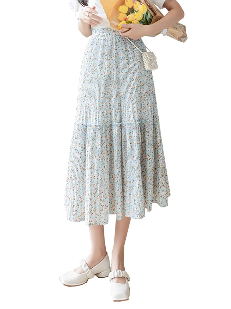 

2021summer New Floral Chiffon Patchwork Elegant A- line Skirt Fashion Casual High Waist Sweet Skirt for Women