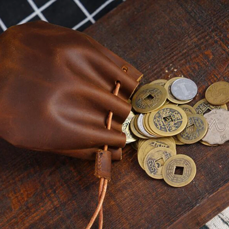 

Original Handmade Crazy Horse Leather Small Unisex Coin Purse Cow Leather Coins Money Pocket Retro Wallet Drawstring Storage Bag