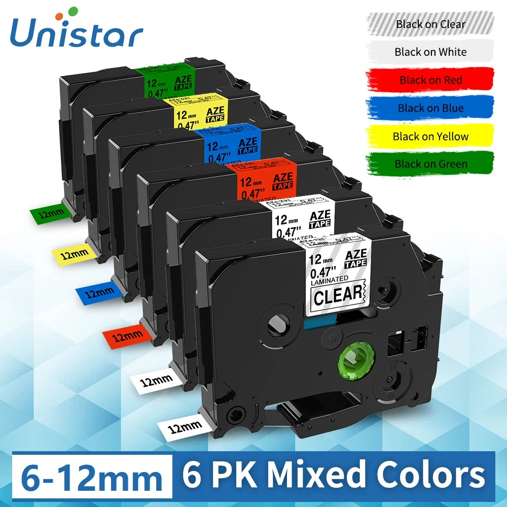 

Unistar 6 PACK Labeling Tape Compatible for Brother Label Printers H110 12mm TZe-231 Black on White tz tapes tze-221 tze-131 231