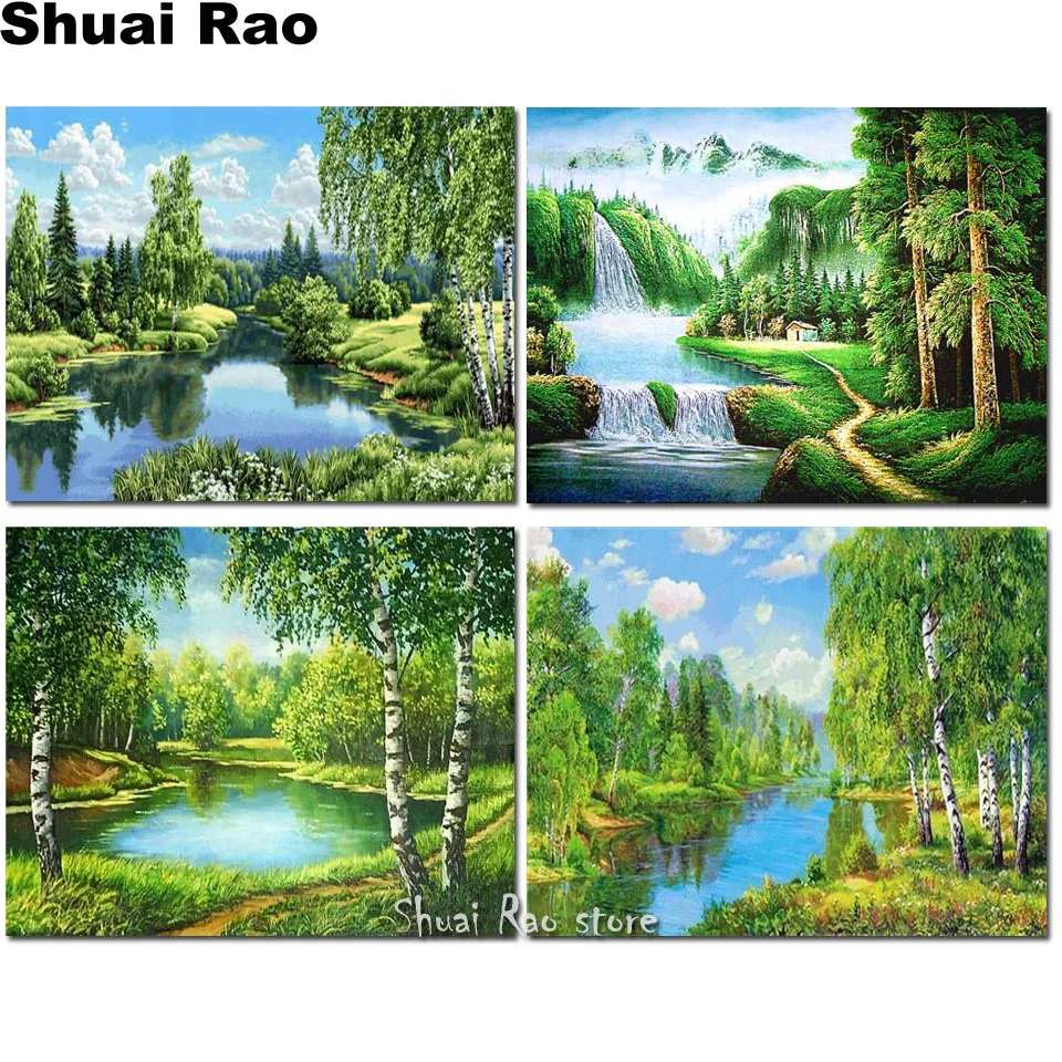 Алмазная живопись &quotсделай сам&quot зеленое дерево озеро вышивка крестиком