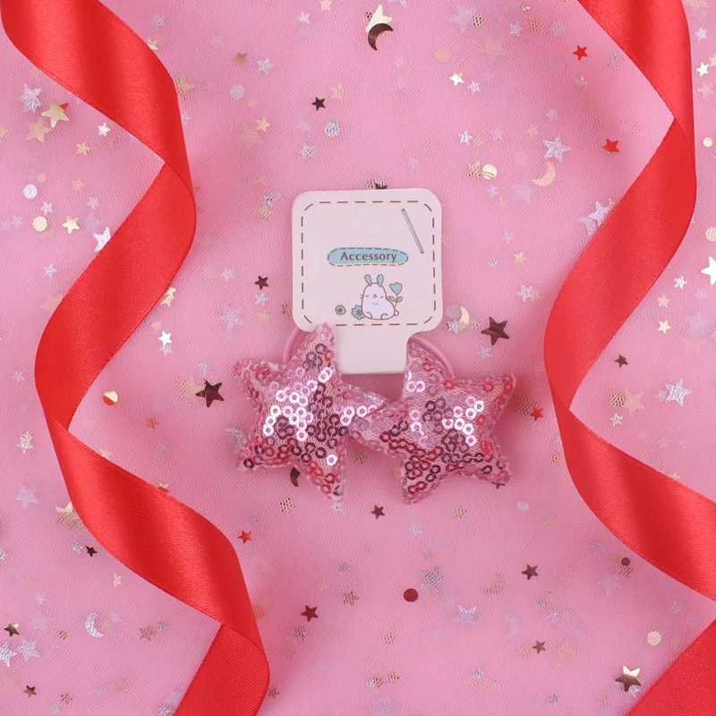 pink Модные нейлоновые резинки с круглыми блестками и пятиконечными звездами для девочек, эластичные резинки для волос, аксессуары для волос для детей, 2 шт - Цвет: pink