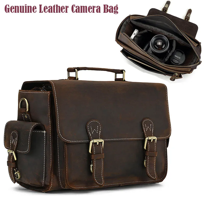 Luufan Crazy Horse Leather Camera Bag Men Women Genuine Leather Big Capacity Outdoor Camera Case For Nikon Canon Male Travel Bag