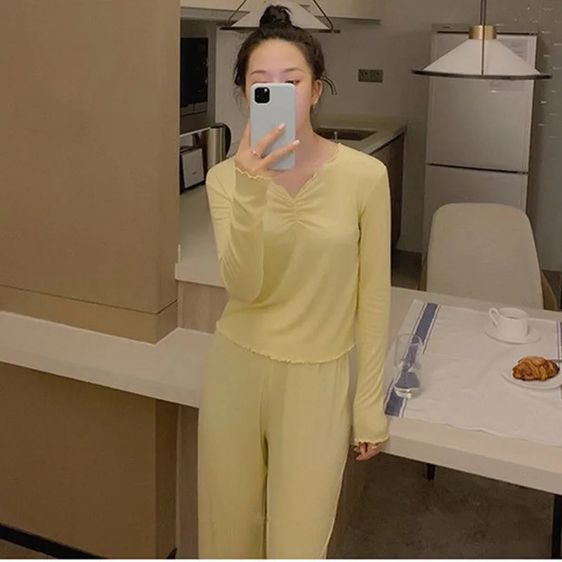 

Spring Autumn 2Piece/Set Pyjama Women Cotton Sleepwear Home Clothes Long Sleeve Pants Sexy Lace Round Neck Homewear Female