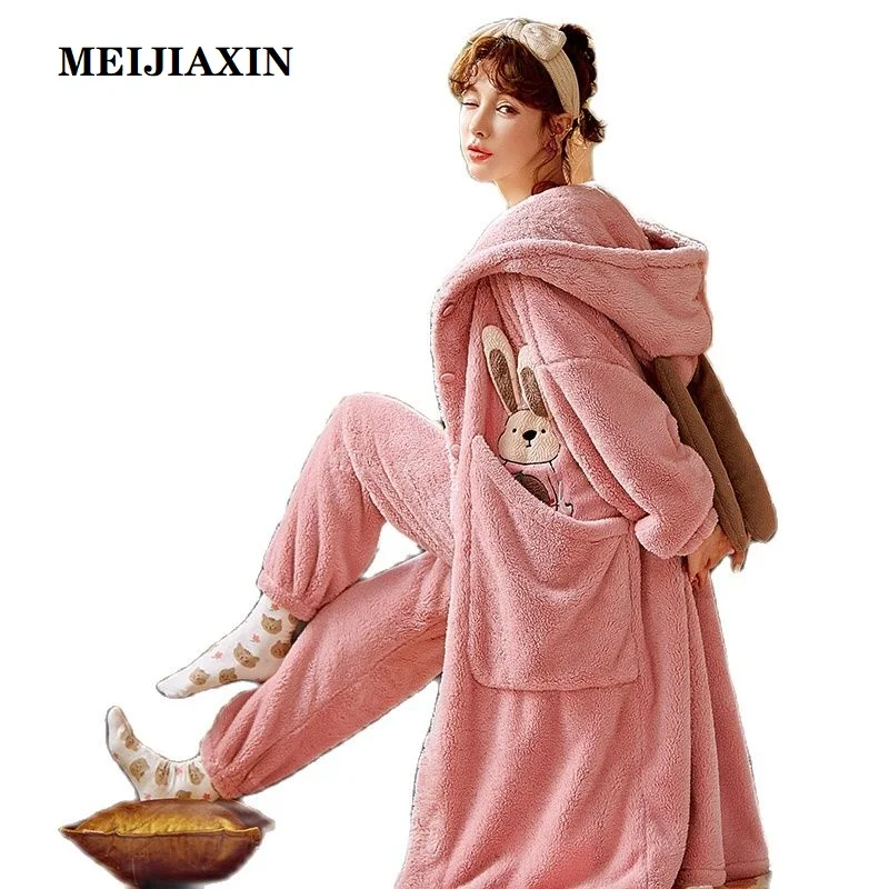

Winter Thick Warm Women Flannel Robe Hooded Nightgown Cartoon Long Sleeve Big Size M-XXL Female Coral Cashmere Bathrobe