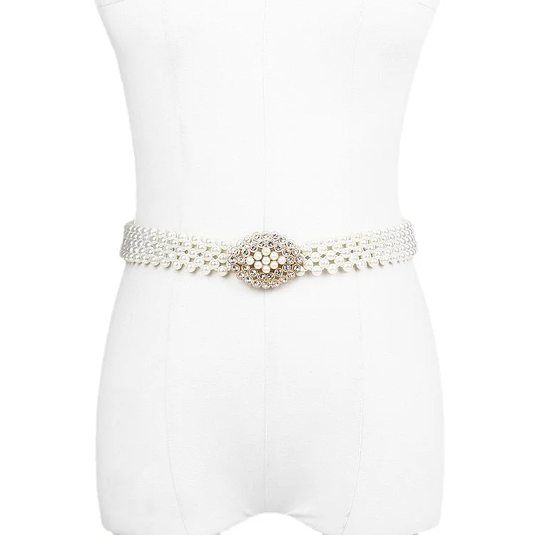 

Ladies Retro Fashion Pearl Diamond Elastic gold Waist Chain Suit Dress Luxury High Quality Top Designer Brand Belts for Women