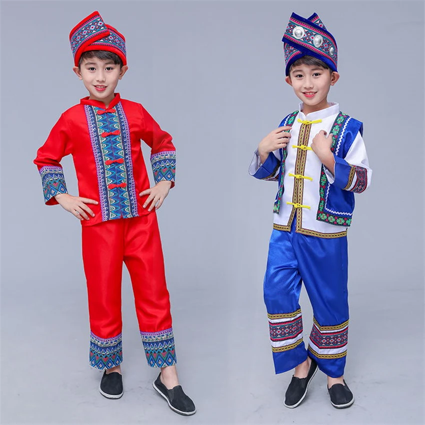

Kids Chinese Ancient Hmong Miao Costume Boys Print Folk Hanfu Dress Clothing Set Traditional Festival Stage Performance Wear