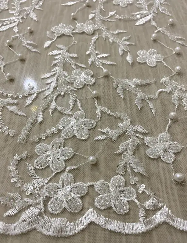 Роскошная кружевная ткань с бисером цвета белого/слоновой кости для свадебных