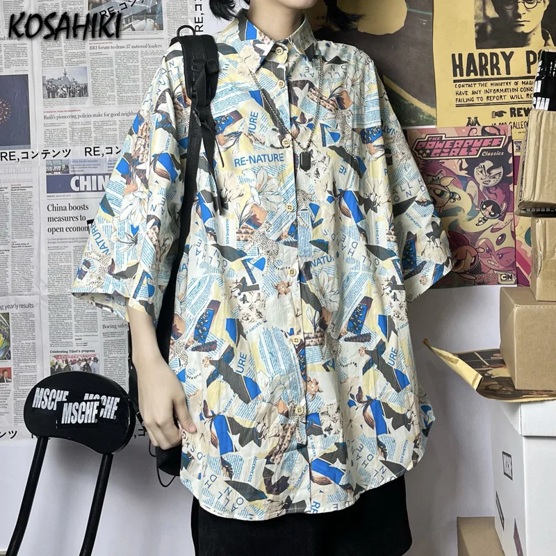 

KOSAHIKI Vintage Shirts Women FLORAL Print Short Sleeve Shirt Ladies Top Streetwear Summer Harajuku Graphic Blouses Aesthetic
