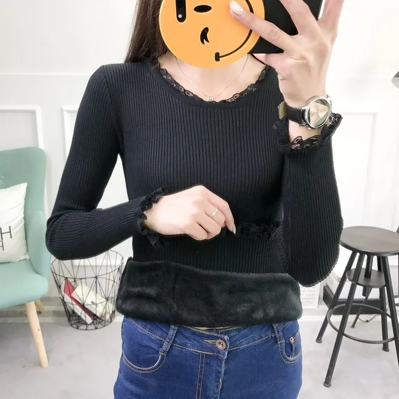 Женский джемпер с флисовой подкладкой вязаный теплый лоскутный свитер кружевом