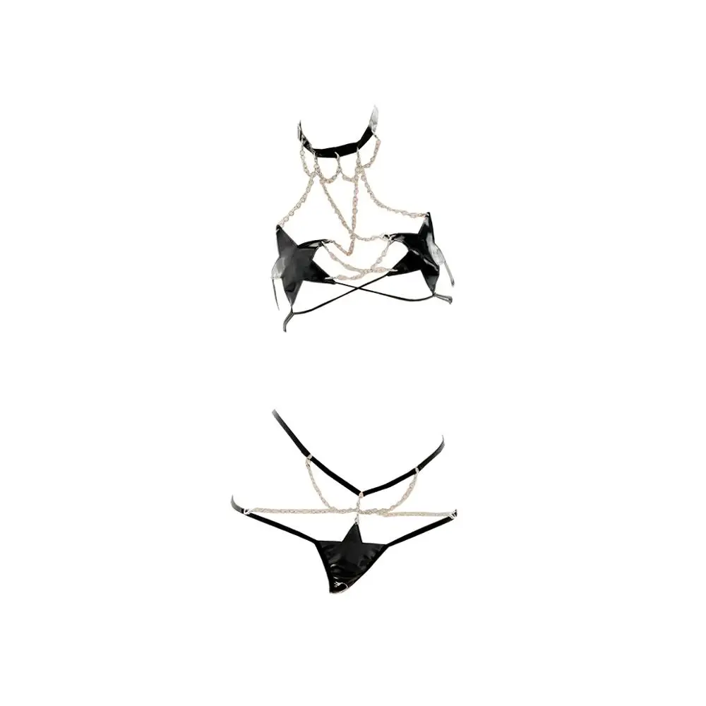 

Sexy Pentacle Bikini Suit Gothic Retro Soft Girl Patent Leather Curb chain Bondage Back Hollow Out Women Black Underwear Set