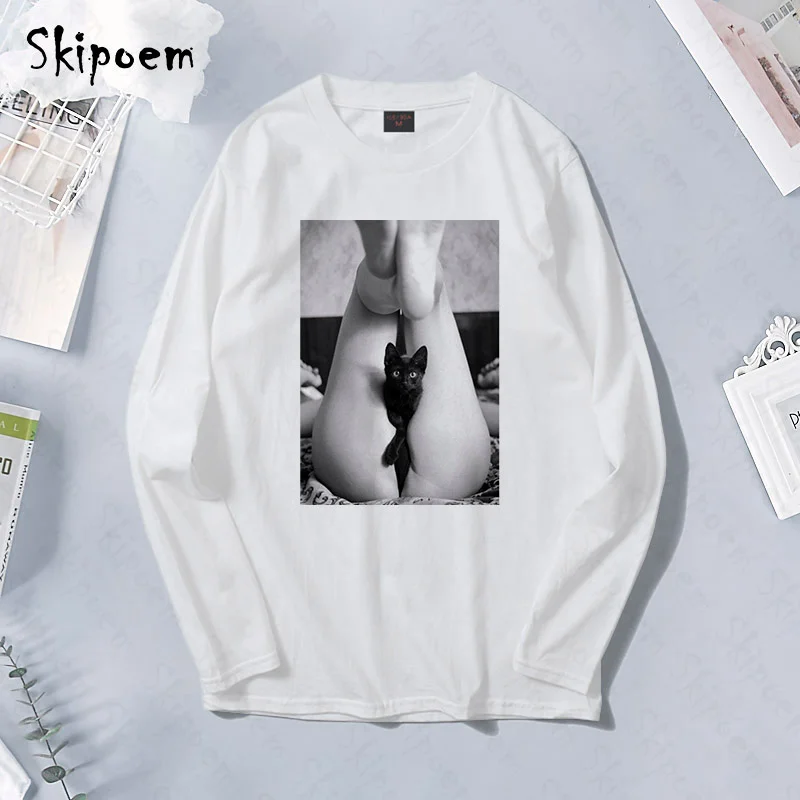 

Женская футболка белого размера плюс, модные хлопковые футболки, сексуальные женские с черным котом, с длинным рукавом, Kawaii, 90s, Забавные фут...