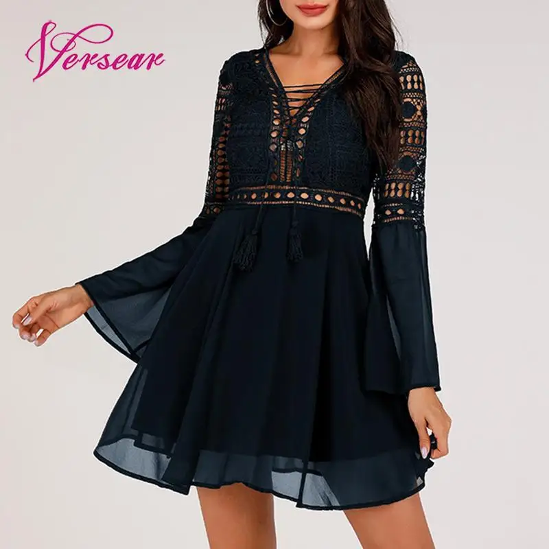 Женское шифоновое мини платье Versear кружевное Полупрозрачное с V образным вырезом
