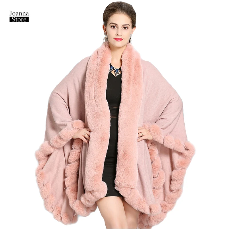 Poncho Winter Women Faux Fox Fur Collar Cape Coat Vintage Elegant Cloak Plus Size Ponchos And Capes Solid Color Simple New Coats