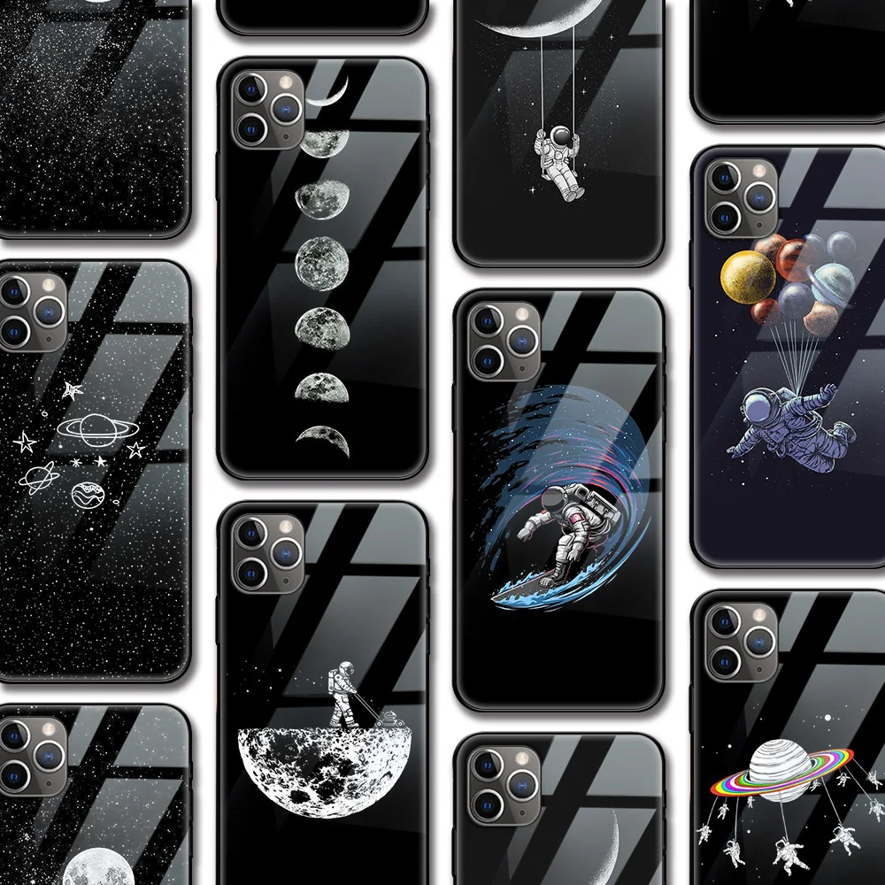 Moon Cute Astronaut Funda Case for Iphone 13 case for Iphone 13 12 11 XR Pro XS MAX mini X 7 8 6 6S Plus SE 2020 Tempered Glass