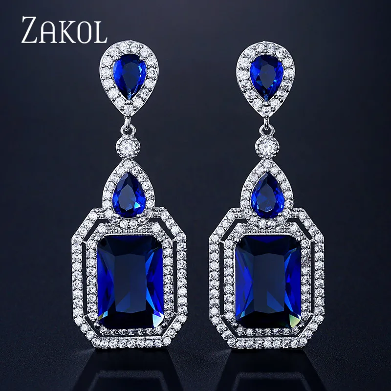 Blue ZAKOL белое золото цвет большой квадратный CZ циркония свадебные Висячие серьги для женщин невесты обручальные ювелирные изделия FSEP2321 - Окраска металла: Blue