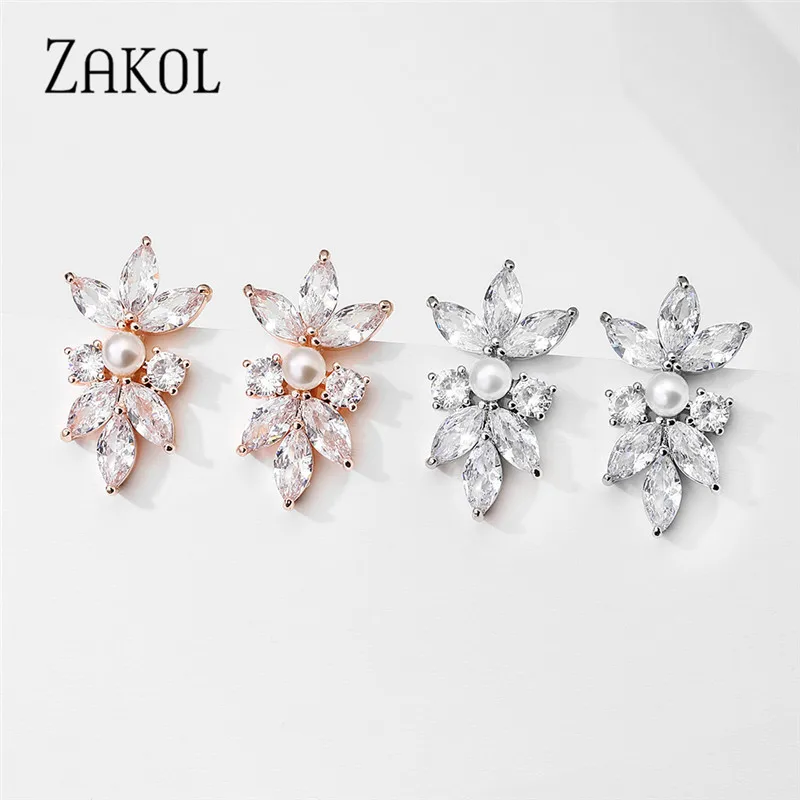 ZAKOL Fashion Simple Copper Alloy AAA Cubic Zirconia Stud Earrings for Women Cute Pearl Leaf CZ Wedding Earring Jewelry EP3156 | Украшения