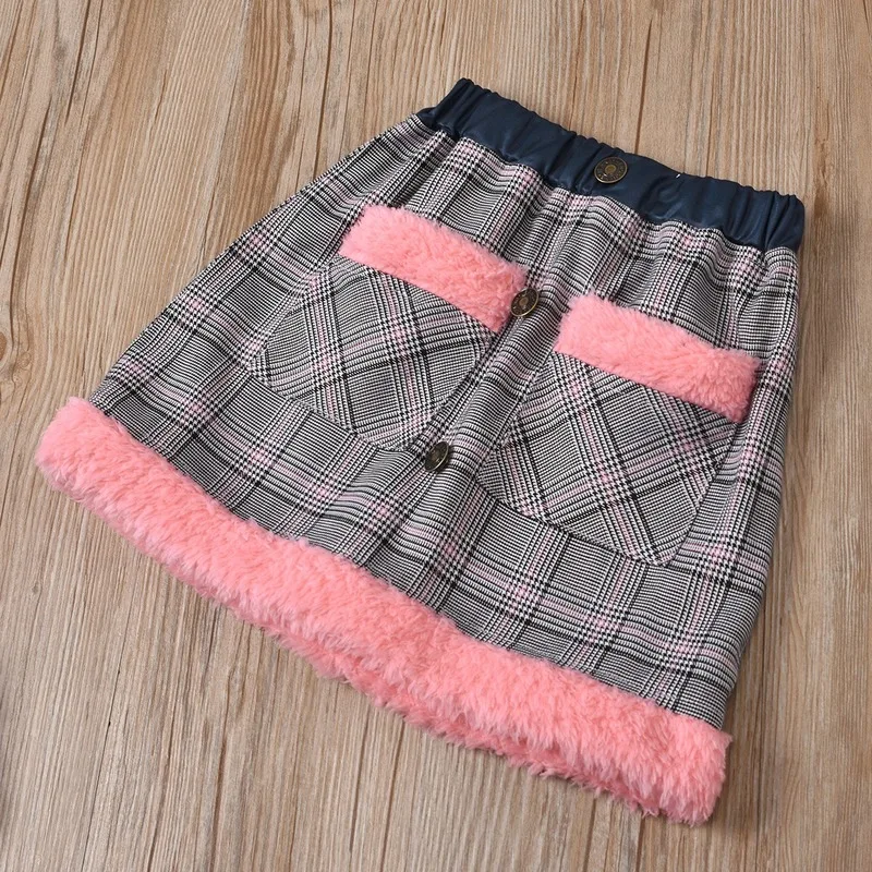 

2021 Spring Autumn Children's Clothing Set Floral Long Sleeve Round Neck Pullover Top Two-piece Suit Pocket Plaid Mini Skirt