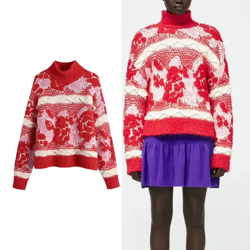 

Свитер Женский вязаный жаккардовый с длинным рукавом и высоким воротником