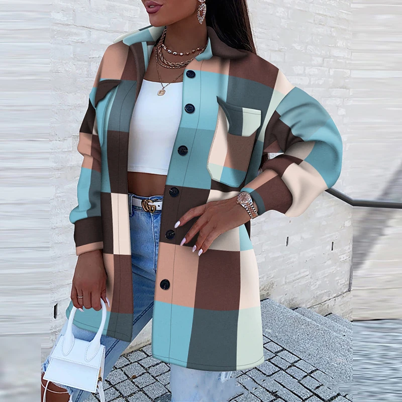 

Women Single-Breasted Plaid Color Pattern Coat Tops Casual Loose Daily Wear Lapel Jacket Elegant Long Sleeve Cardigan Outerwears