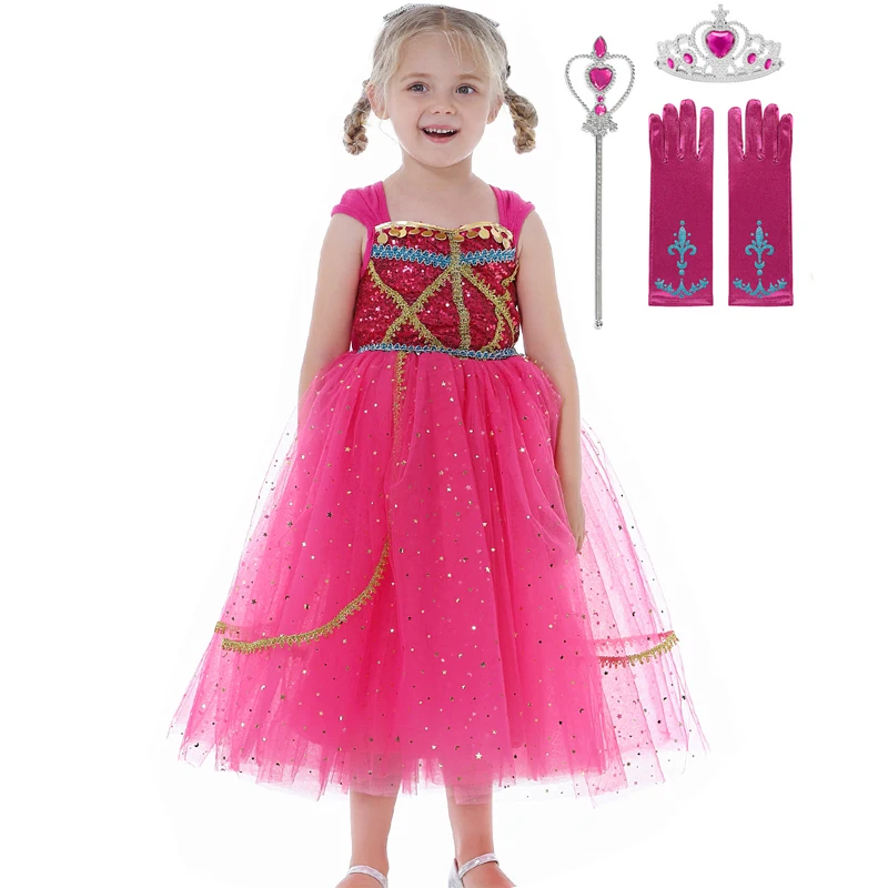 

Жасминовый костюм для девочек, Детский костюм на день рождения, Арабская принцесса, розово-красное платье с блестками для детей, детские нар...