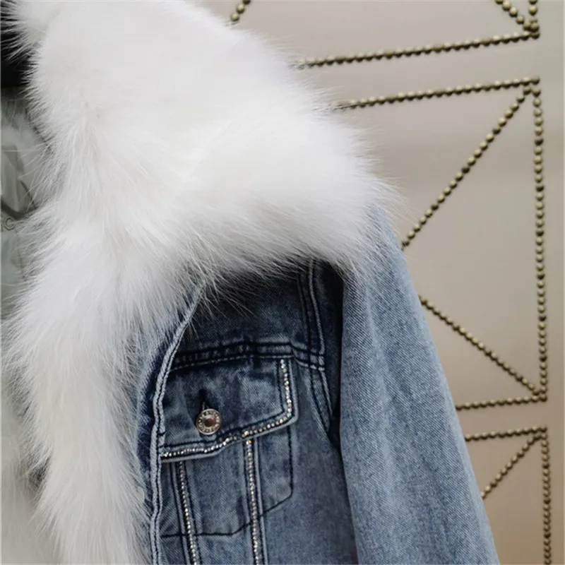 

Shinning Diamonds Winter Women Real Fox Fur Down Denim Jacket Coat 90% Duck Liner Thick Warm Parka